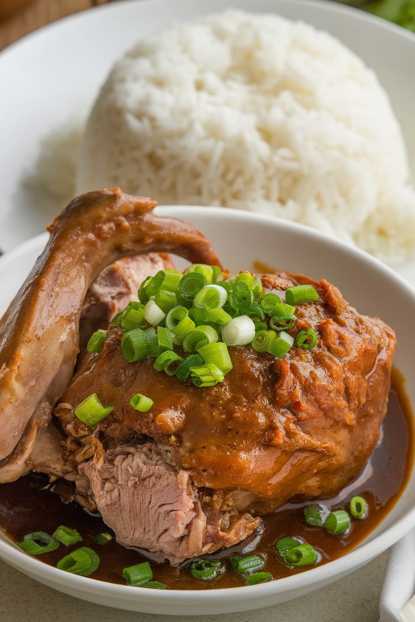 A bowl of savory Pork Pata Humba with tender pork hocks in rich sauce, garnished with green onions, served with rice.